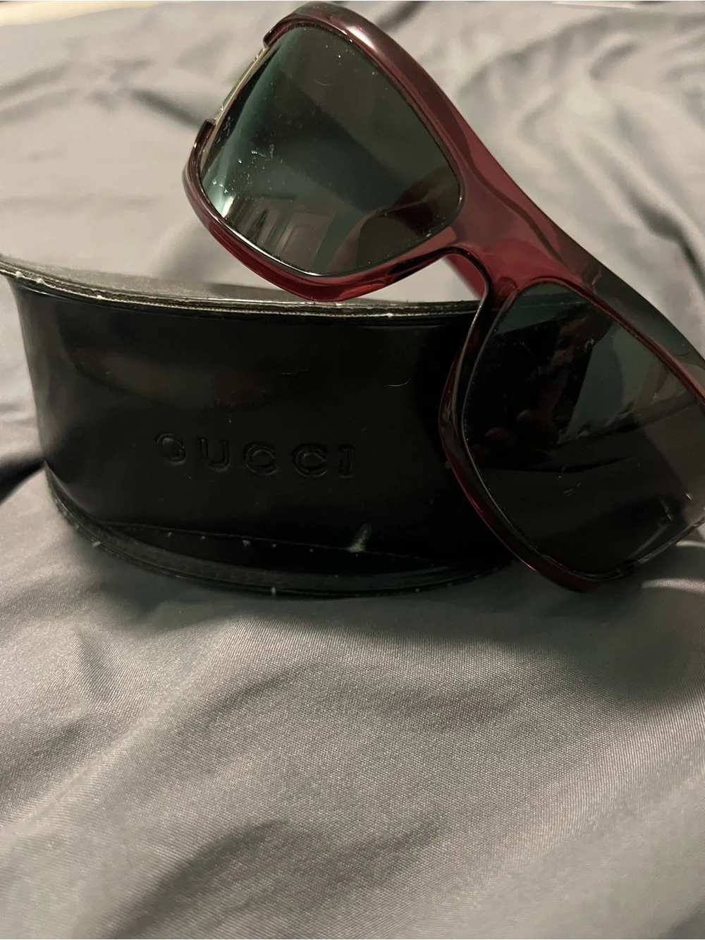 Gucci Women's Transparent Burgundy Sunglasses with Silver GG Temple